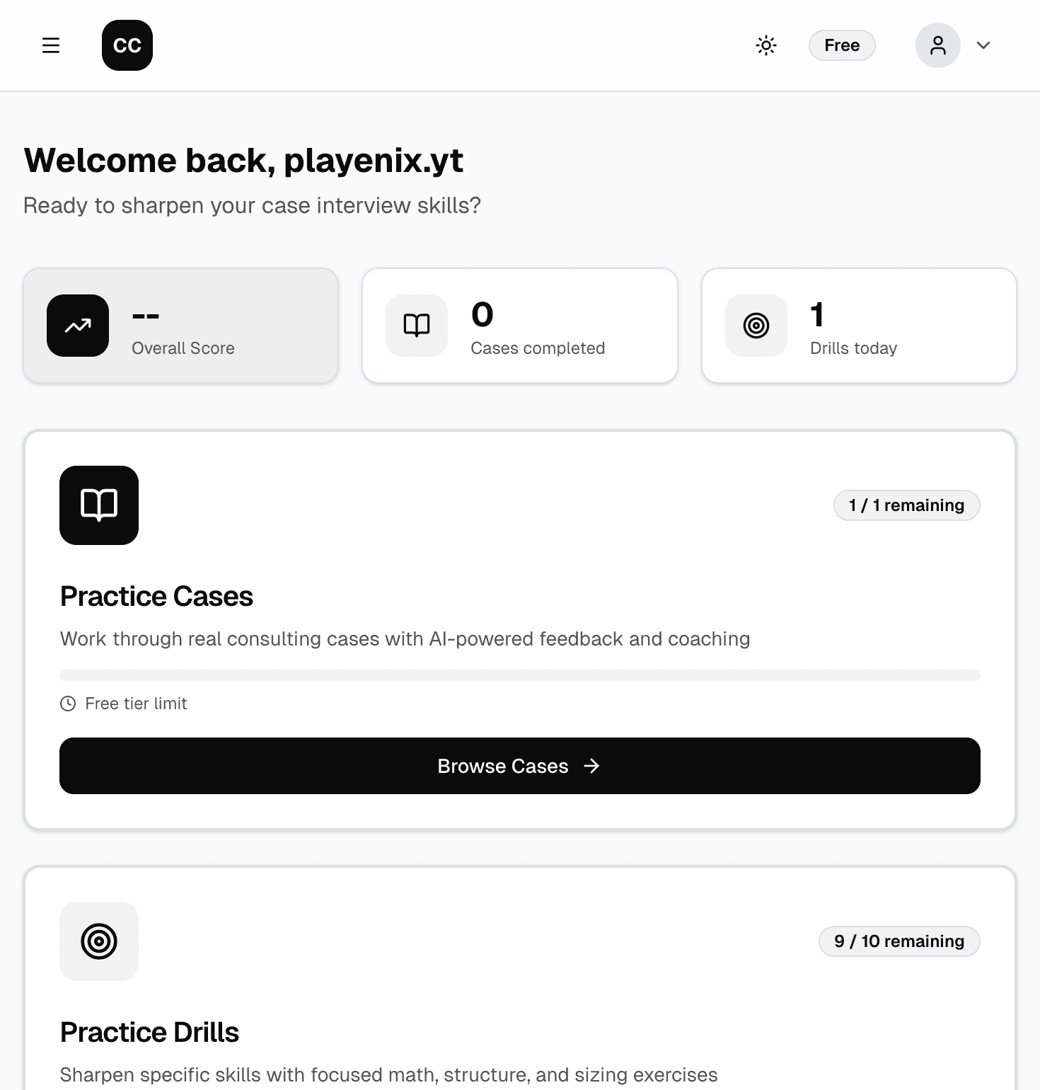 Case Interview AI - Realistic practice mode showing case prompt, scoring sidebar, and AI feedback